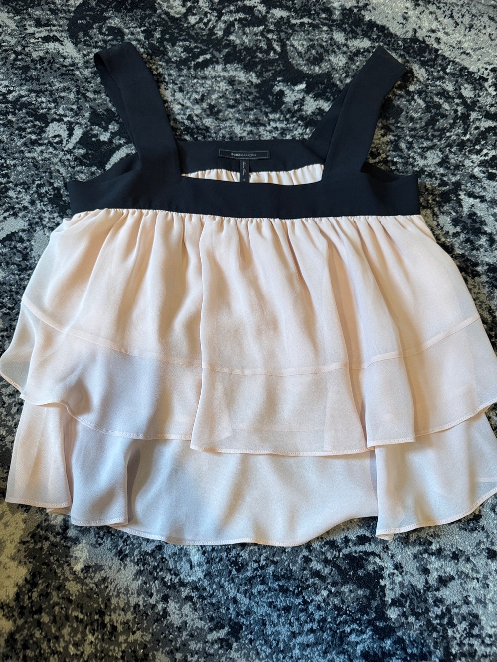 BCBGMaxAzria Blush and Black Ruffled Sleeveless Top